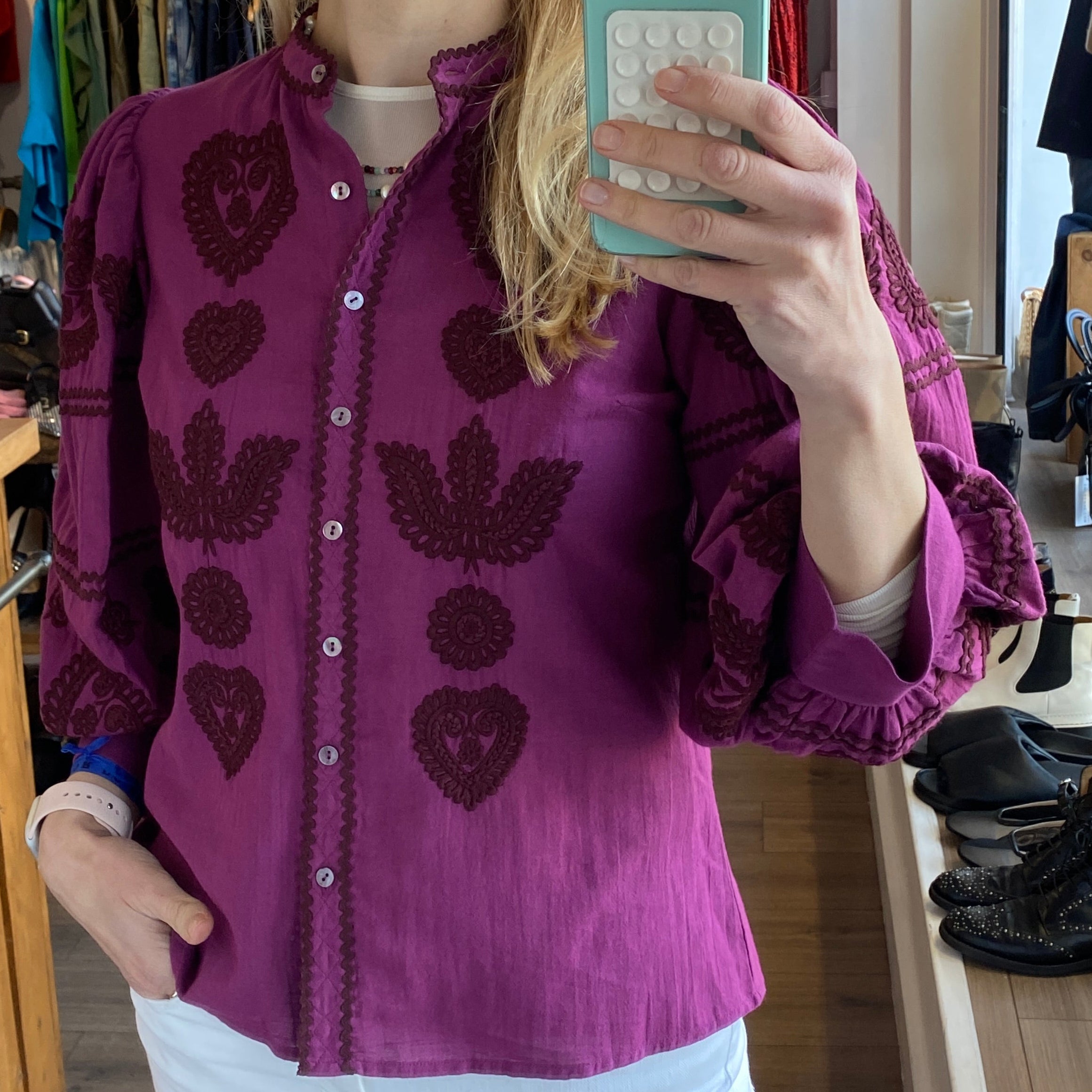 Antik Batik £310 Magenta Embroidered Cotton Cossack Blouse M