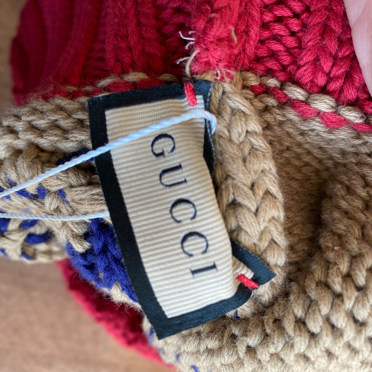 Gucci Camel & Red GG Monogram Knit Beanie