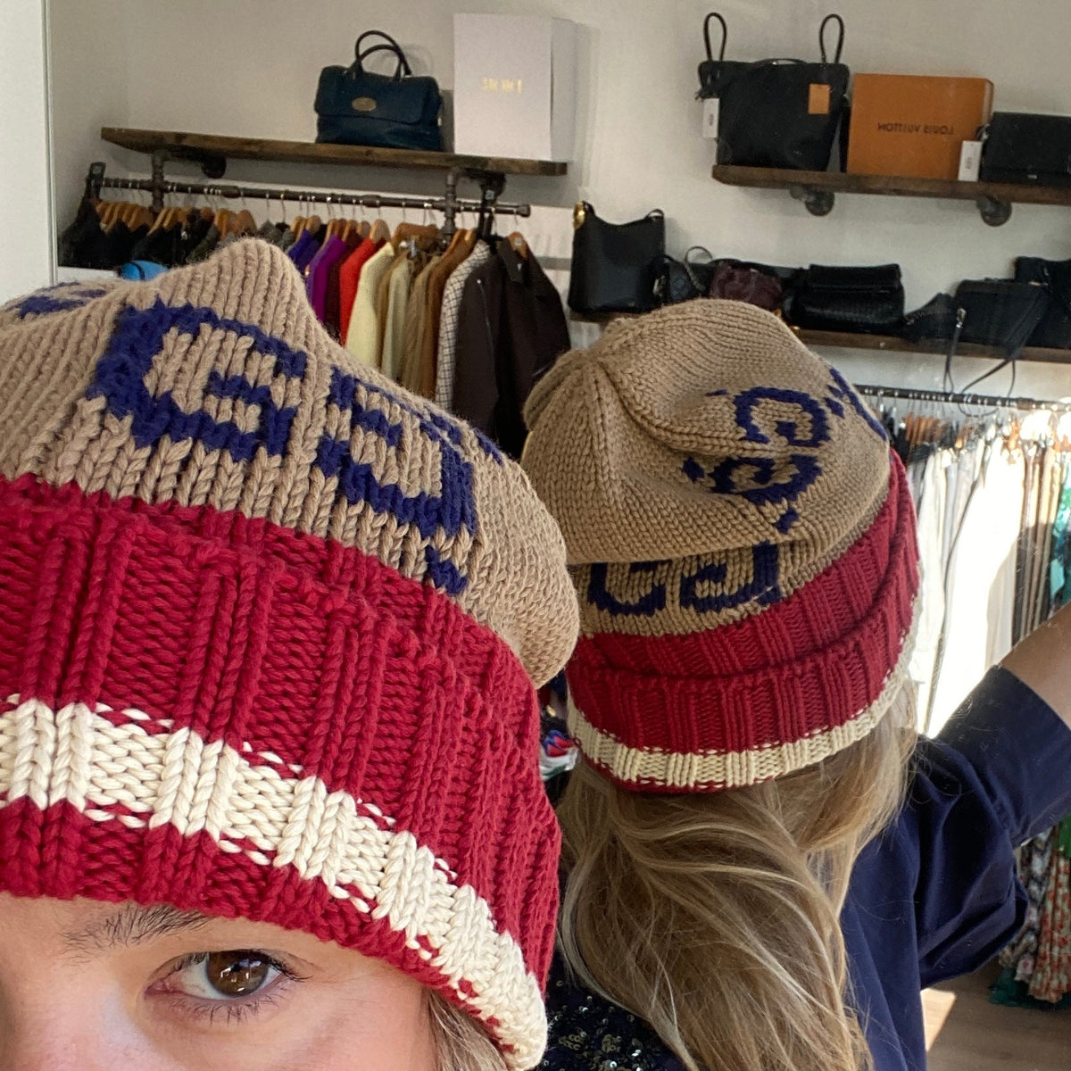 Gucci Camel & Red GG Monogram Knit Beanie