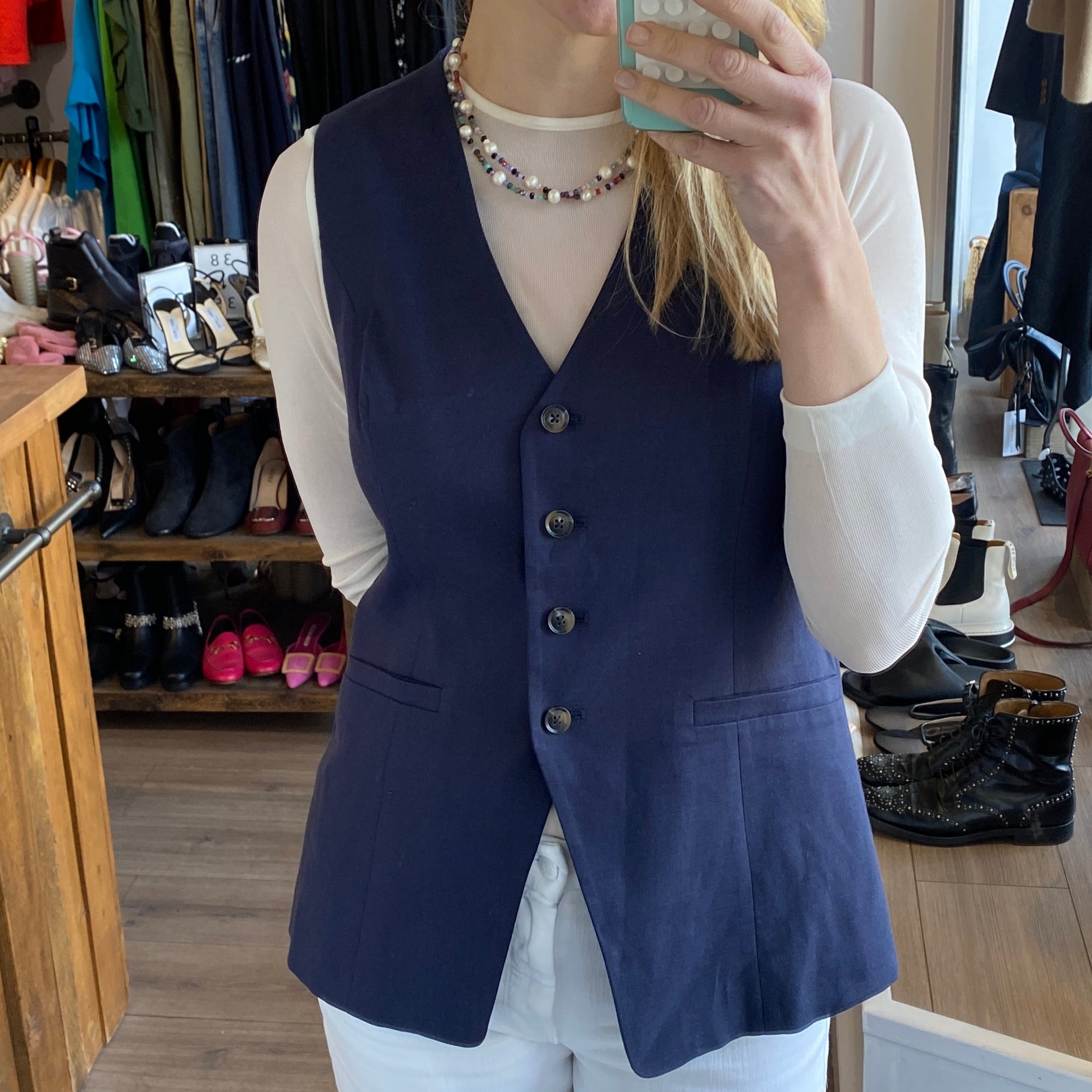 Paige New £280 French Navy Long Waistcoat M