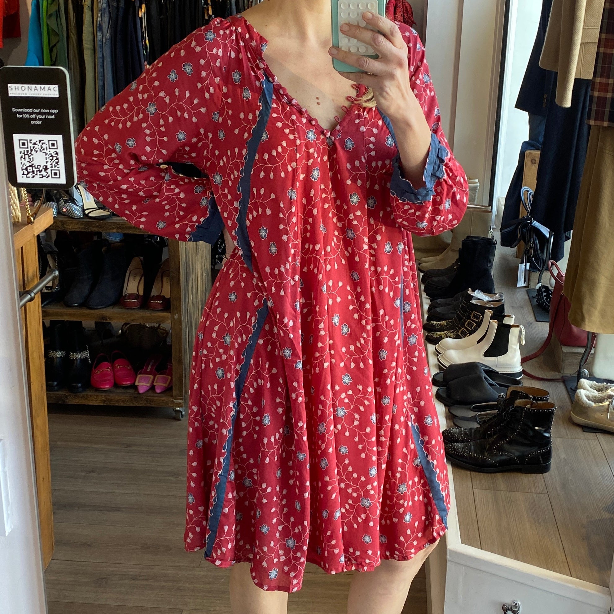 Natalie Martin New £245 Washed Red Floral Viscose Midi Dress M