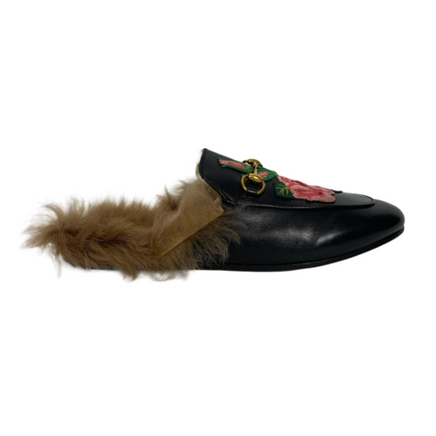 Gucci £598 Black Embroidered Princetown Furry Mules 40