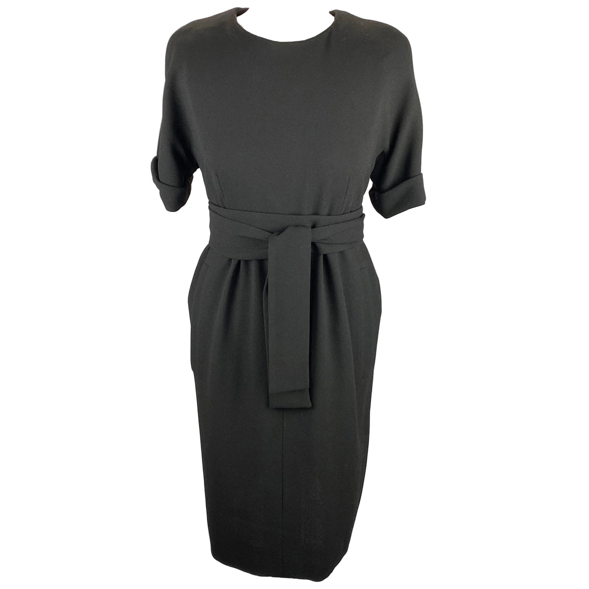 Balenciaga Black Wool Crepe Belted Midi Dress XS/S
