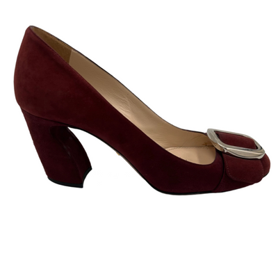 Prada Burgundy Suede Silver Buckle Heels 37