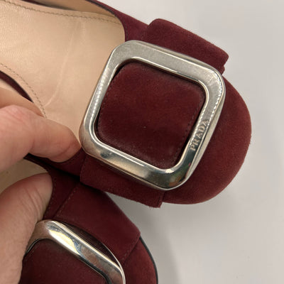 Prada Burgundy Suede Silver Buckle Heels 37