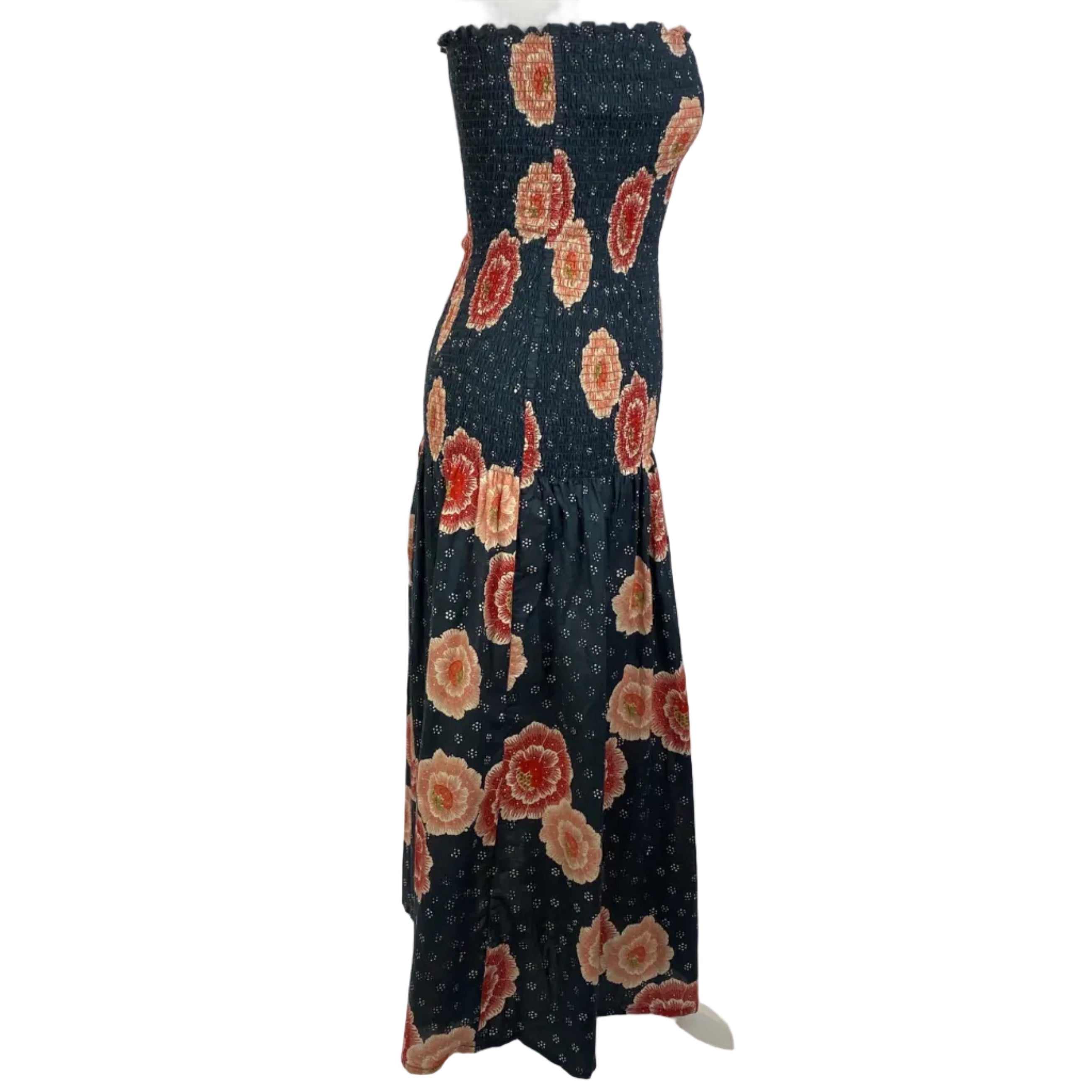 Natalie Martin New Black & Pink Floral Print Shirred Maxi Dress S