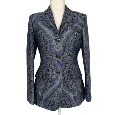 Etro £1400 Blue & Grey Paisley Brocade Blazer S