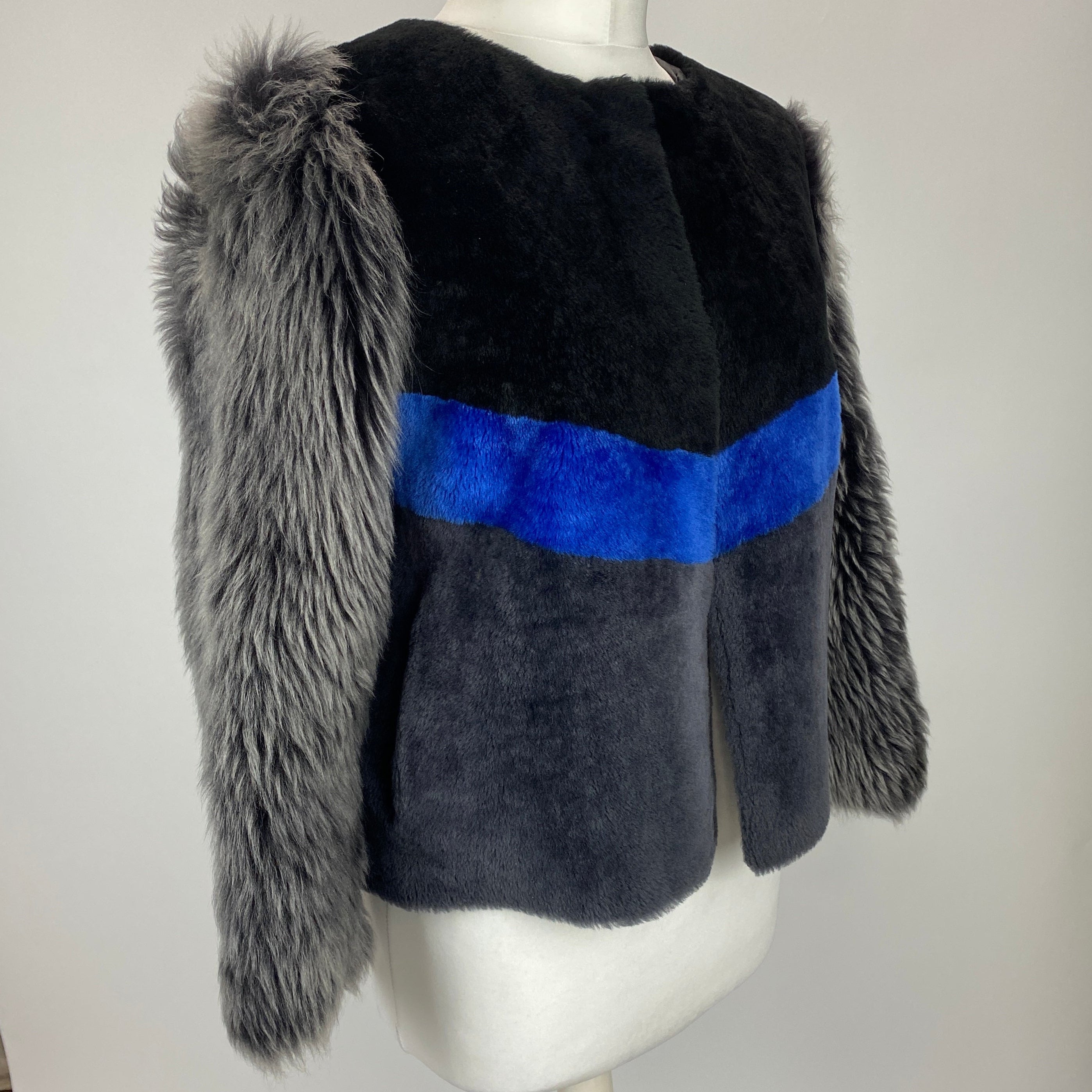 Uterque Black Grey & Blue Colourblock Shearling Jacket S