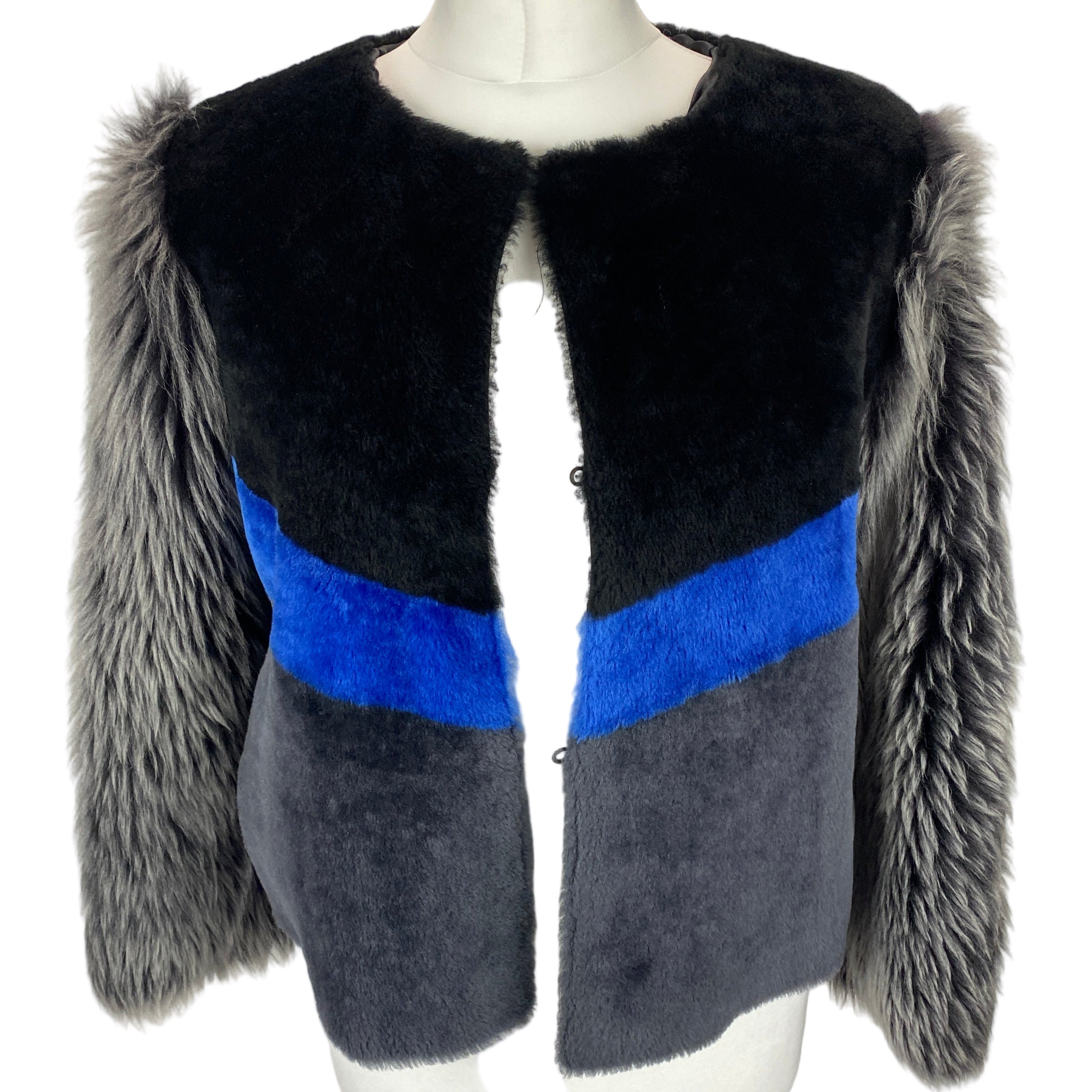 Uterque Black Grey & Blue Colourblock Shearling Jacket S