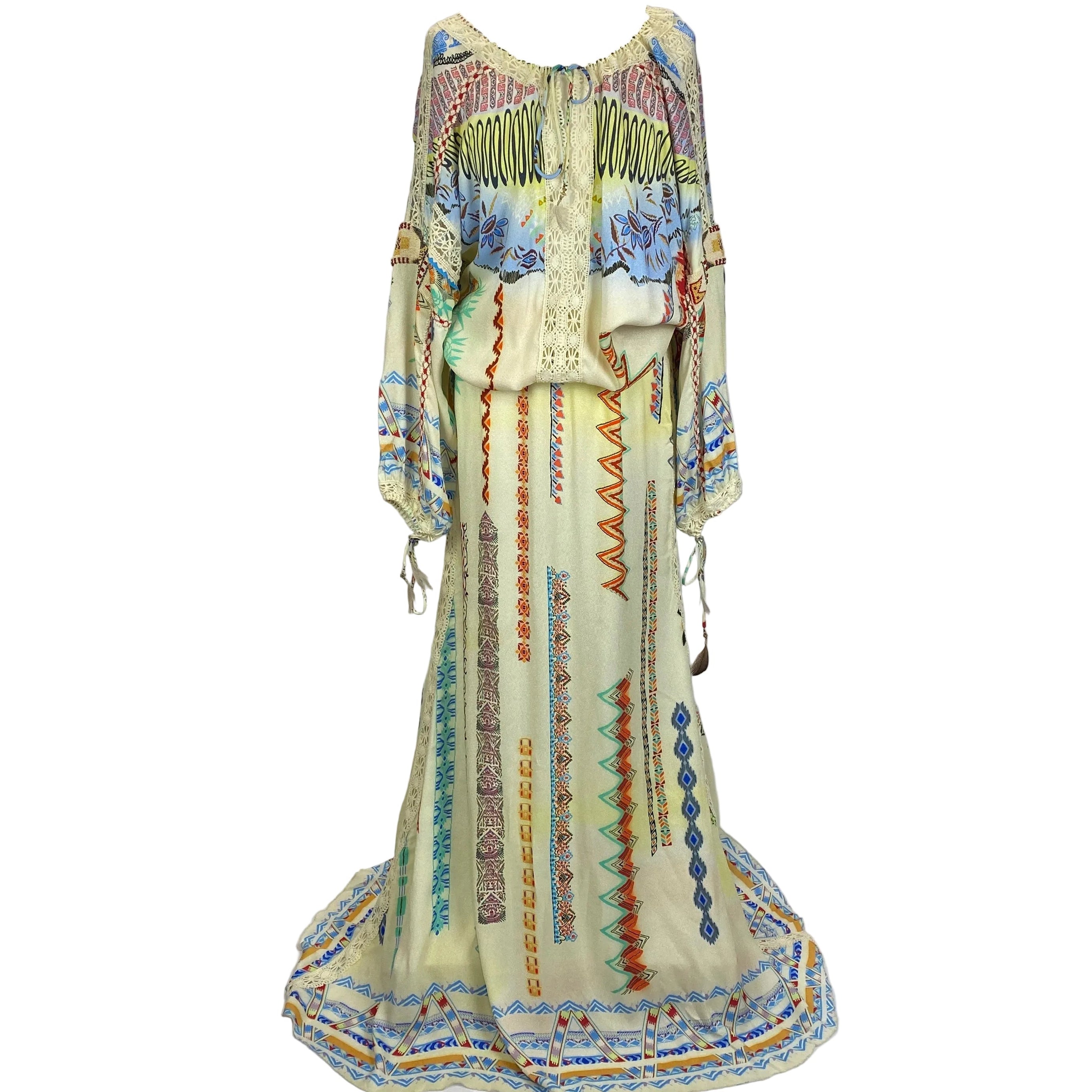 Etro New £1700 Yellow Print Crepe Beaded Maxi Dress L