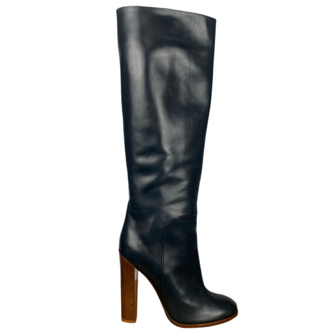 Celine Black Leather Stack Heel Knee Boots 38