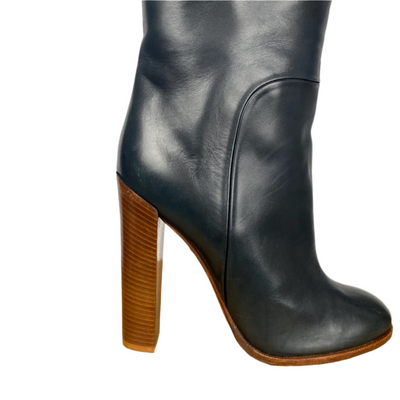 Celine Black Leather Stack Heel Knee Boots 38