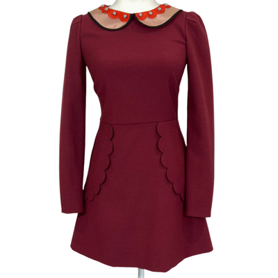 Red Valentino Burgundy Crepe Scallop Detail Dress XXS