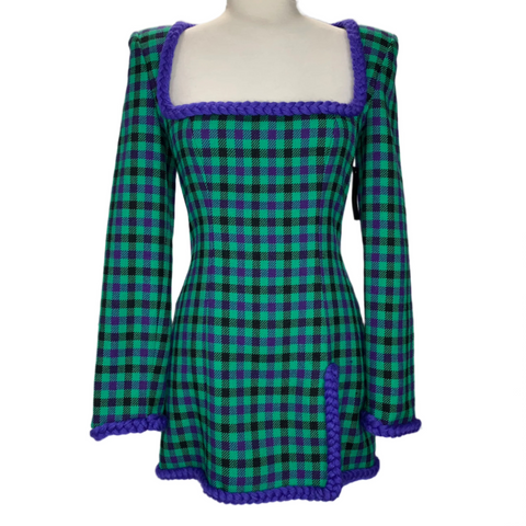 Rowen Rose Brand New $900 Green Check Wool Mini Dress XXS