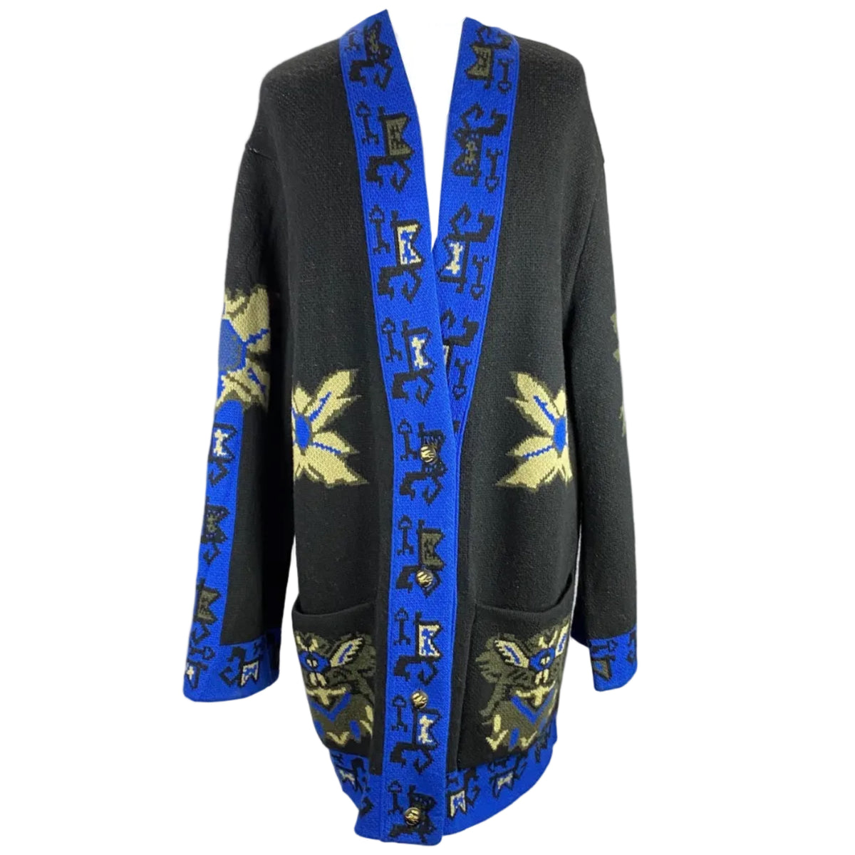 Etro New £810 Black Blue Bohemian Wool Jacquard Cardigan M-XL