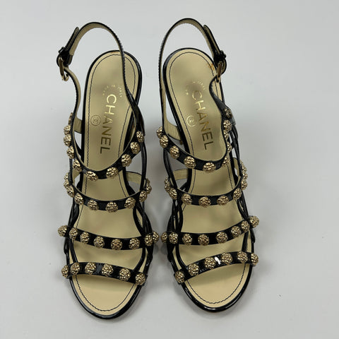 Chanel New £1125 Black Patent Camellia Stud Sandals 38.5