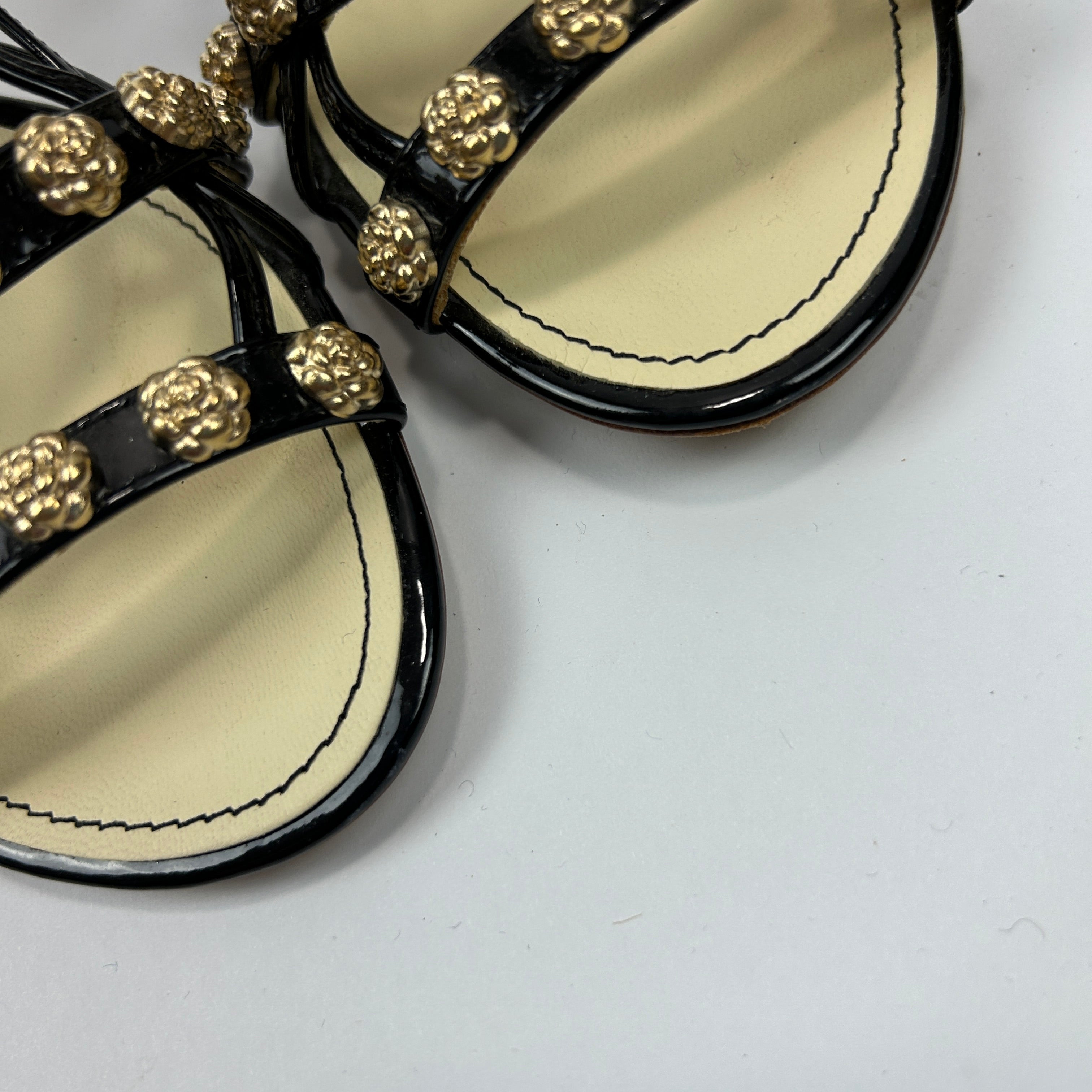 Chanel New £1125 Black Patent Camellia Stud Sandals 38.5
