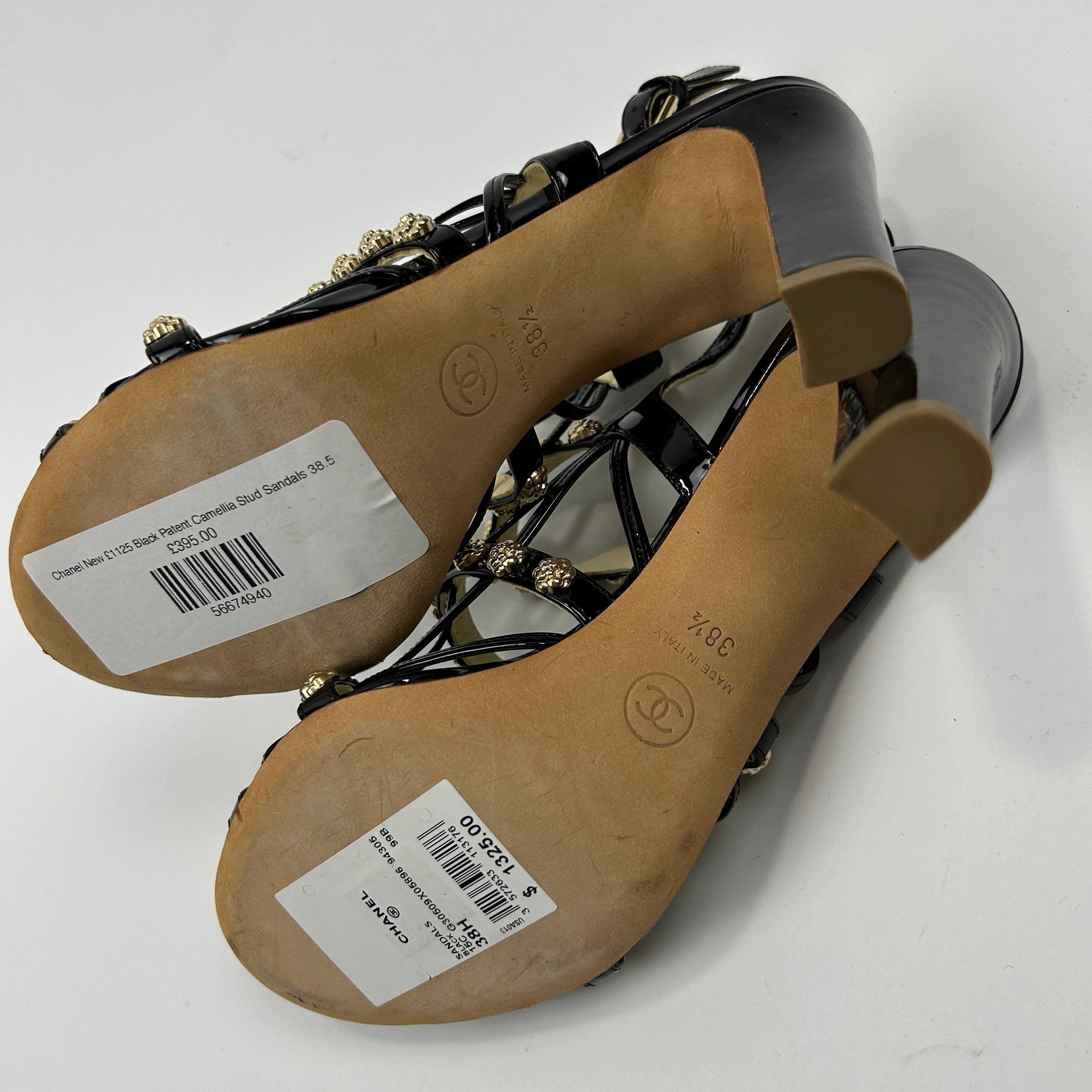 Chanel New £1125 Black Patent Camellia Stud Sandals 38.5