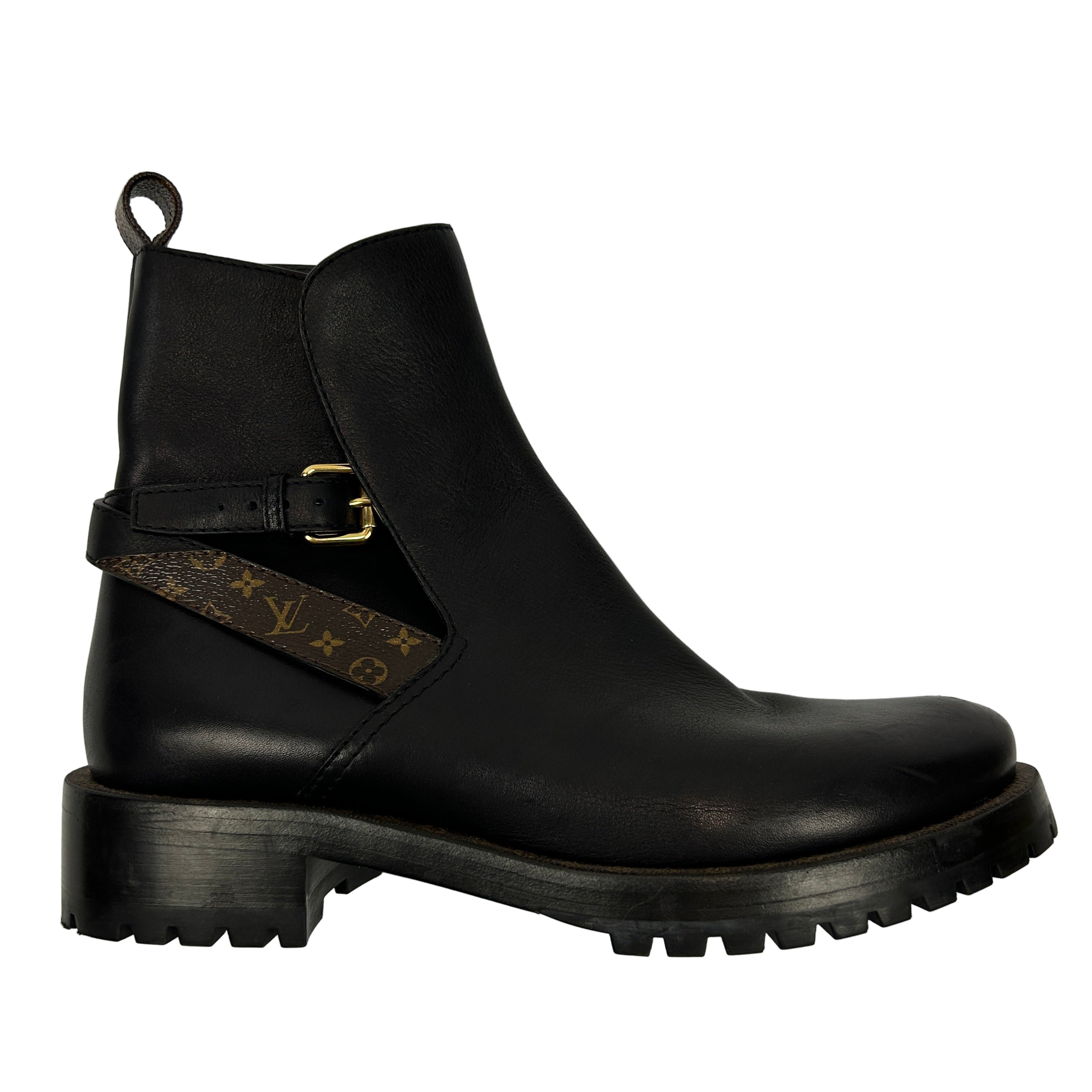 Louis Vuitton Black Leather Monogram Strap Ankle Boots 38.5