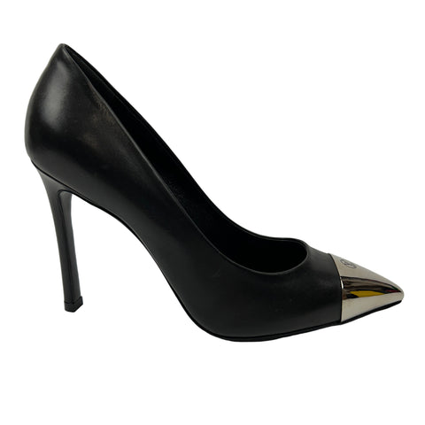 Louis Vuitton Black Leather Silver Toecap Cherie Heels 37.5