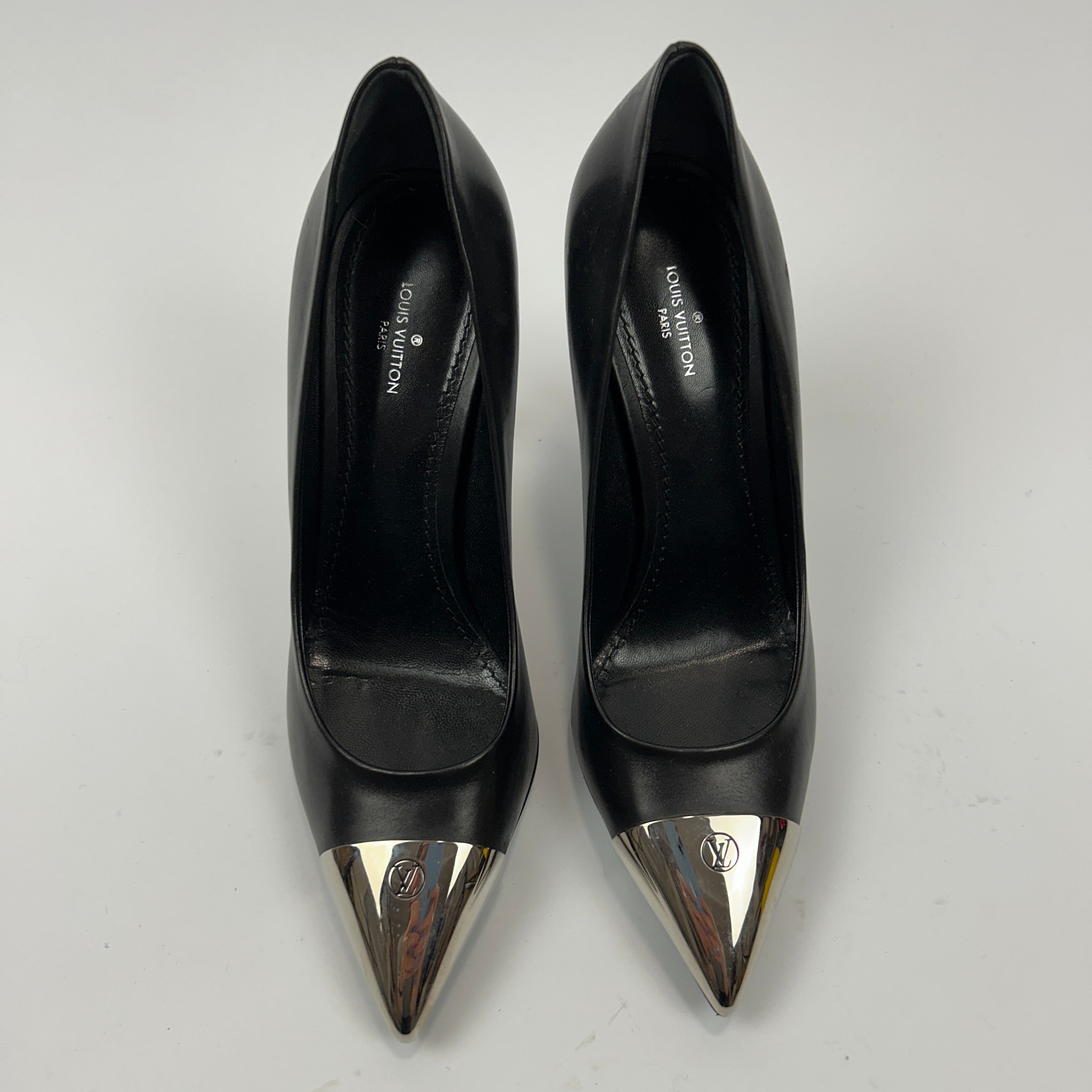 Louis Vuitton Black Leather Silver Toecap Cherie Heels 37.5