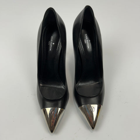 Louis Vuitton Black Leather Silver Toecap Cherie Heels 37.5