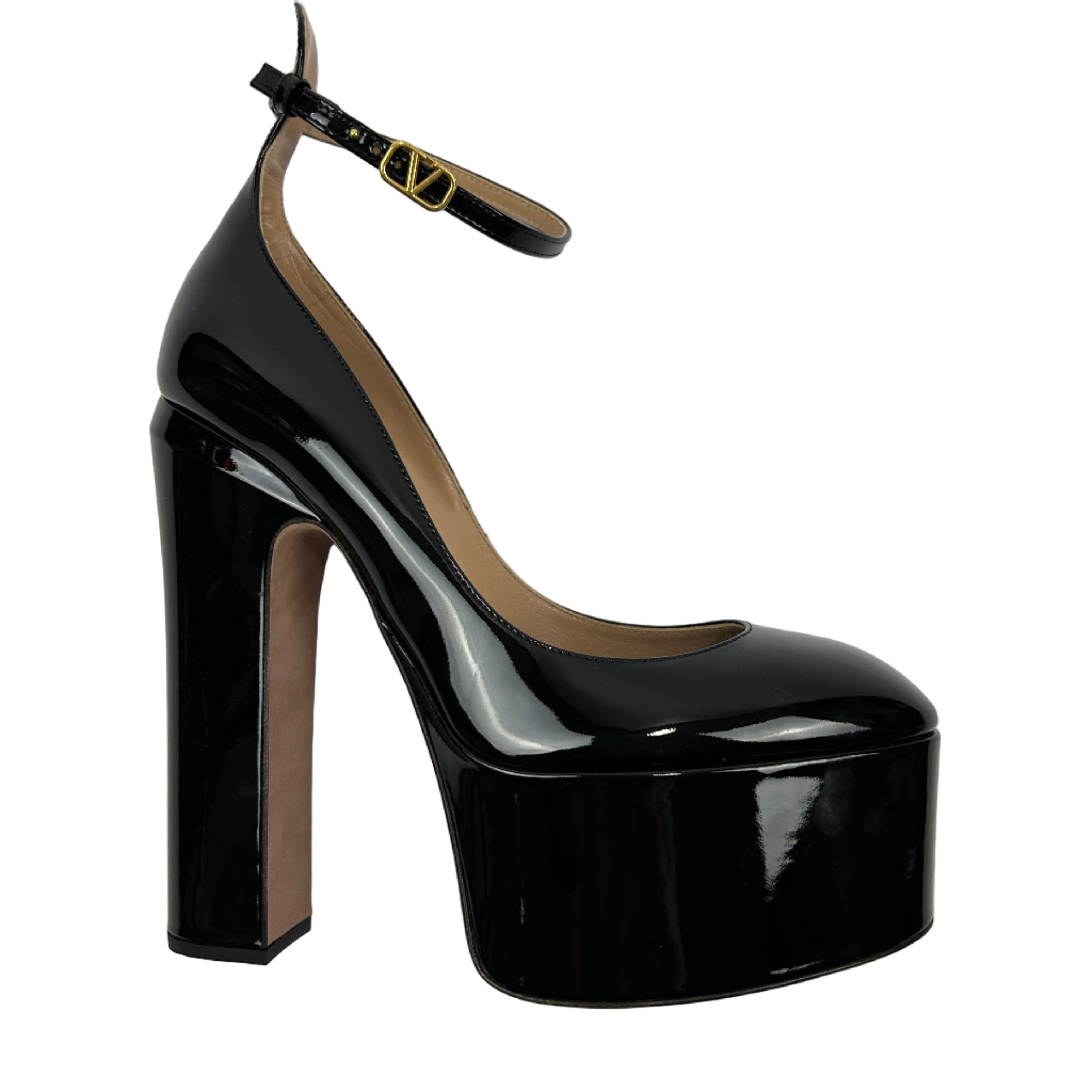 Valentino New £1360 Black Patent Tan-Go Platform Heels 38