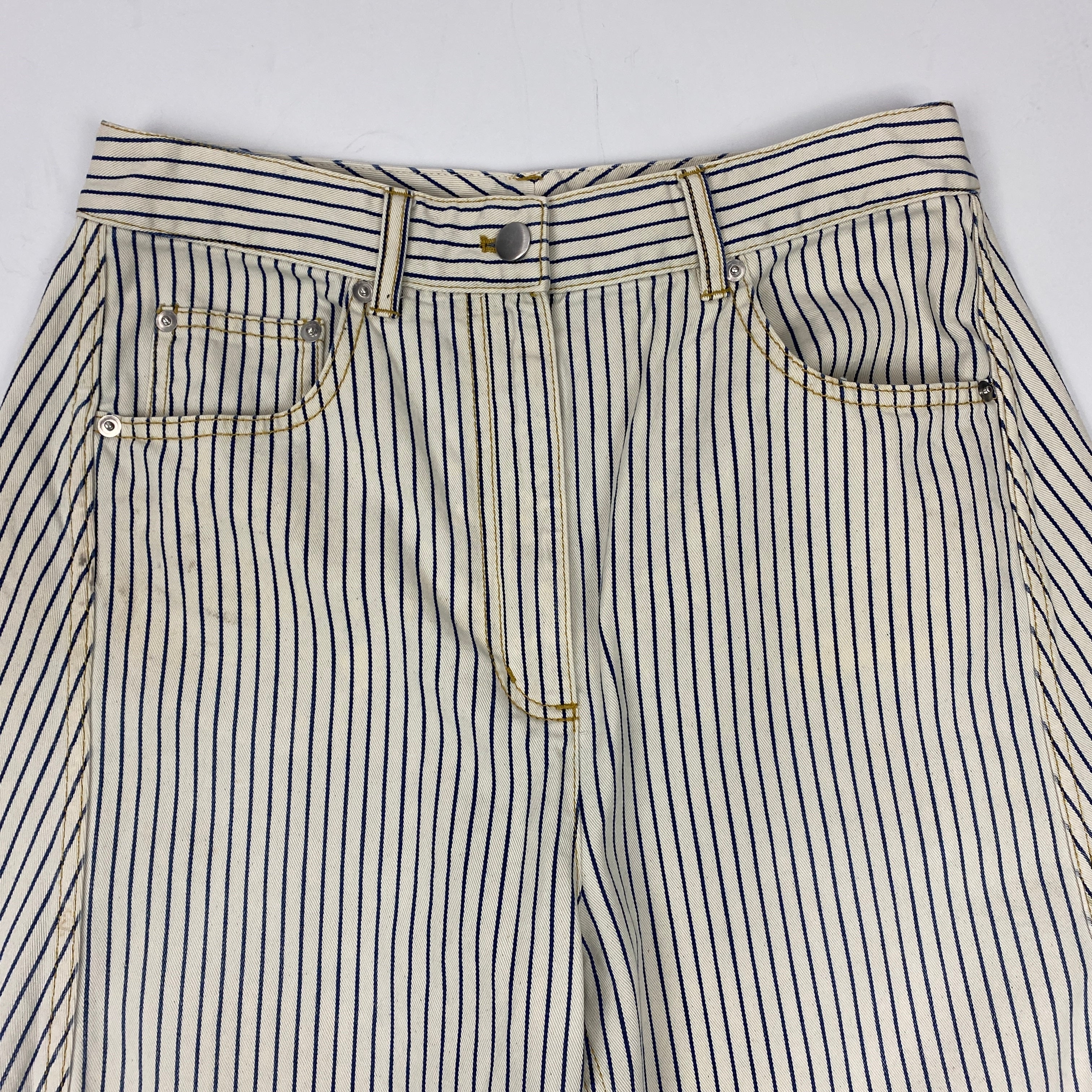 Tibi New £385 Natural & Indigo Pinstripe Curve Leg Sid Pants 27R