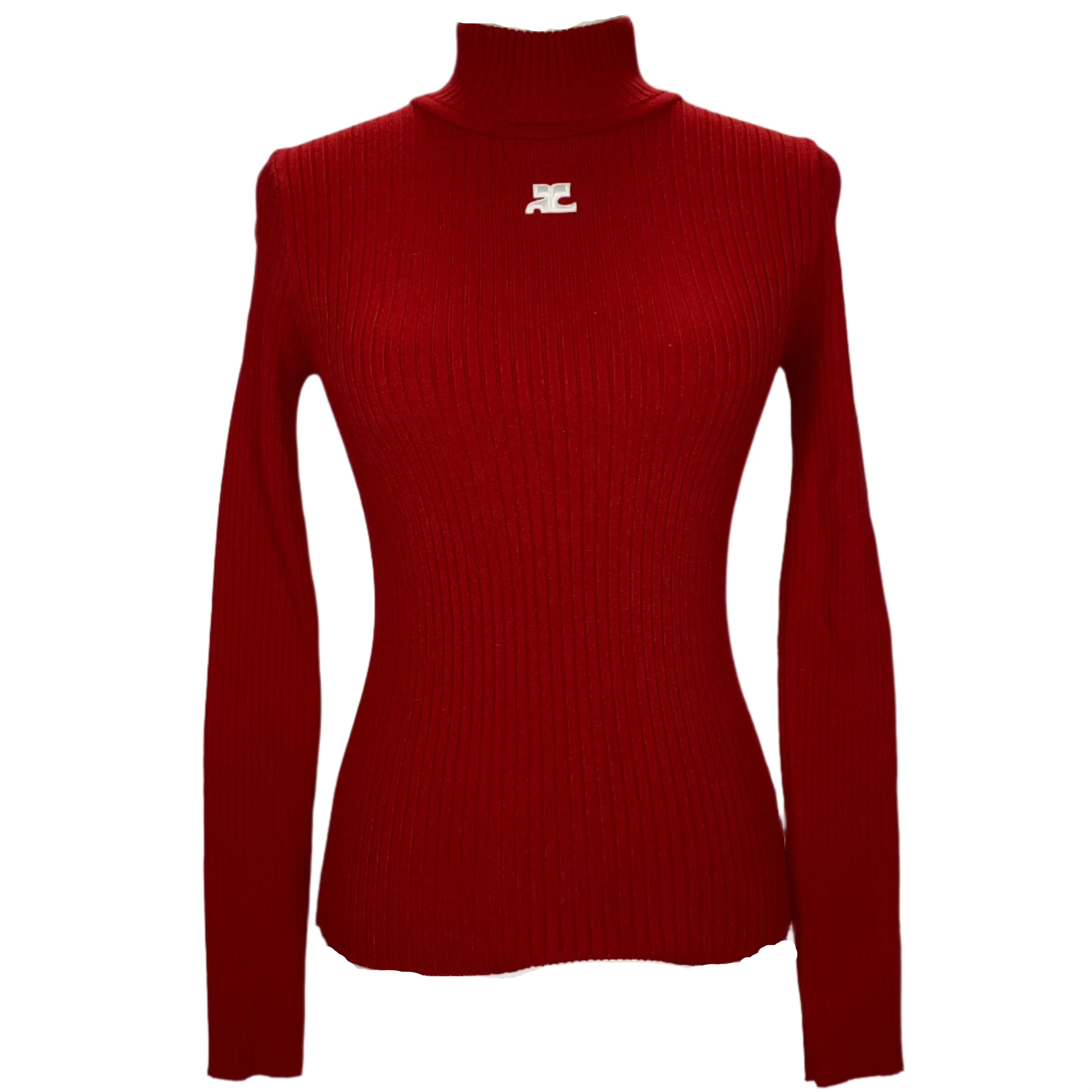 Courreges £320 Red Thick Rib Polo Neck Re-Edition Sweater XS/S