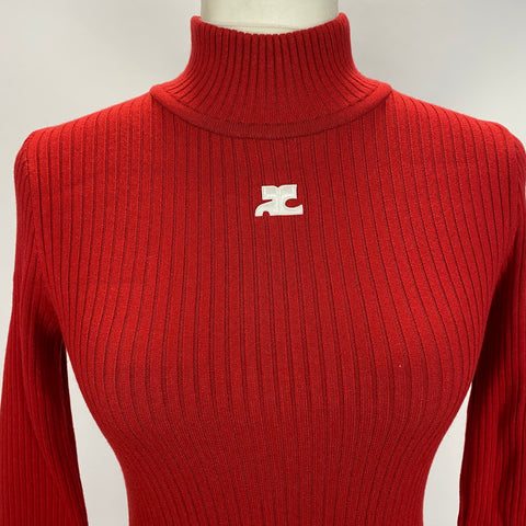 Courreges £320 Red Thick Rib Polo Neck Re-Edition Sweater XS/S