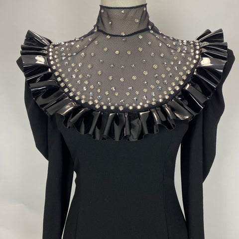 Alessandra Rich £1300 Brand New Black Crepe Crystal Yoke Mini Dress XS