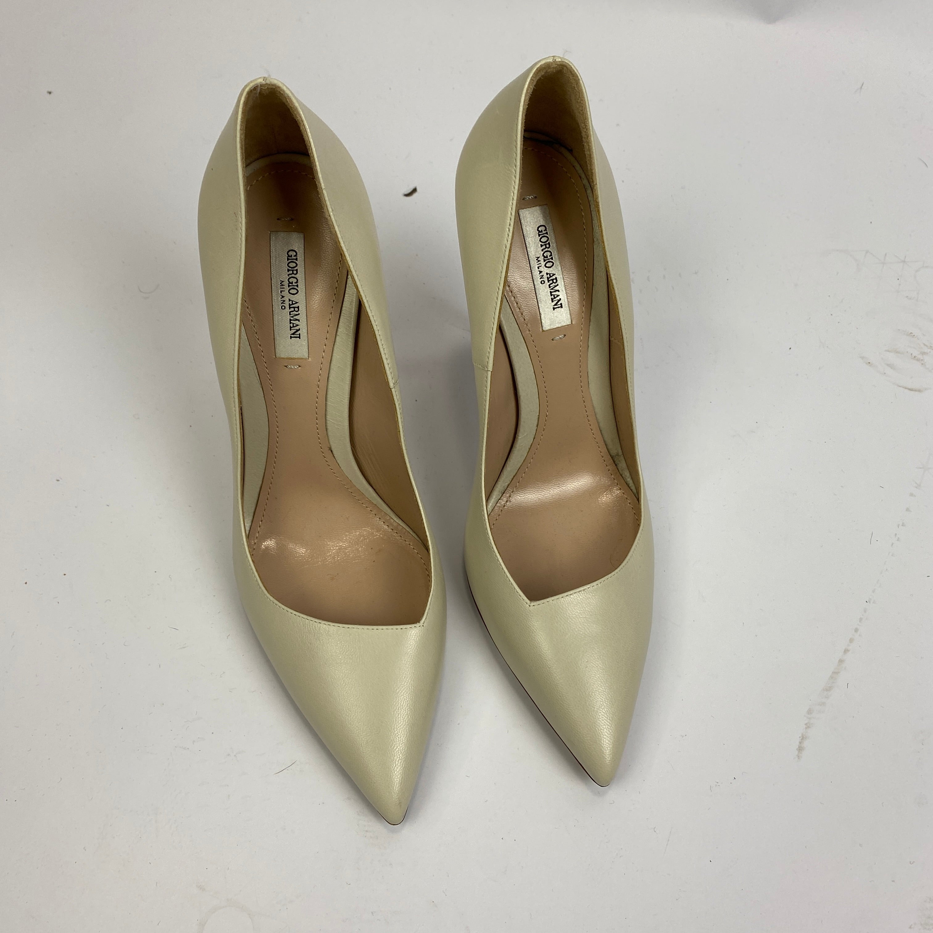 Giorgio Armani £870 Ivory Leather Asymmetric 105 Heels 38