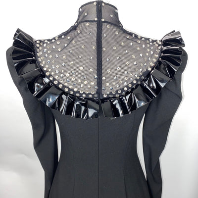 Alessandra Rich £1300 Brand New Black Crepe Crystal Yoke Mini Dress XS