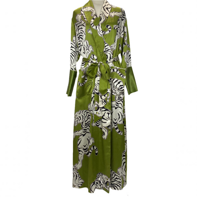 Olivia Von Halle £995 Green Tiger Print Silk Robe S