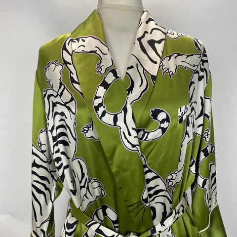 Olivia Von Halle £995 Green Tiger Print Silk Robe S