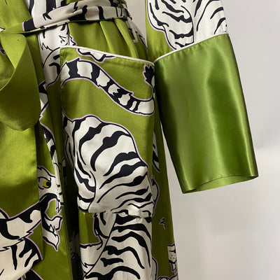 Olivia Von Halle £995 Green Tiger Print Silk Robe S