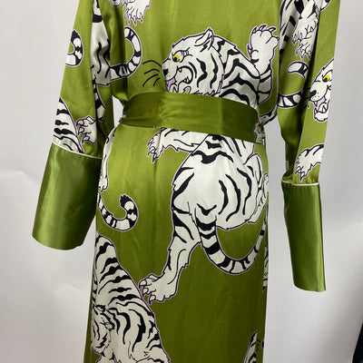 Olivia Von Halle £995 Green Tiger Print Silk Robe S