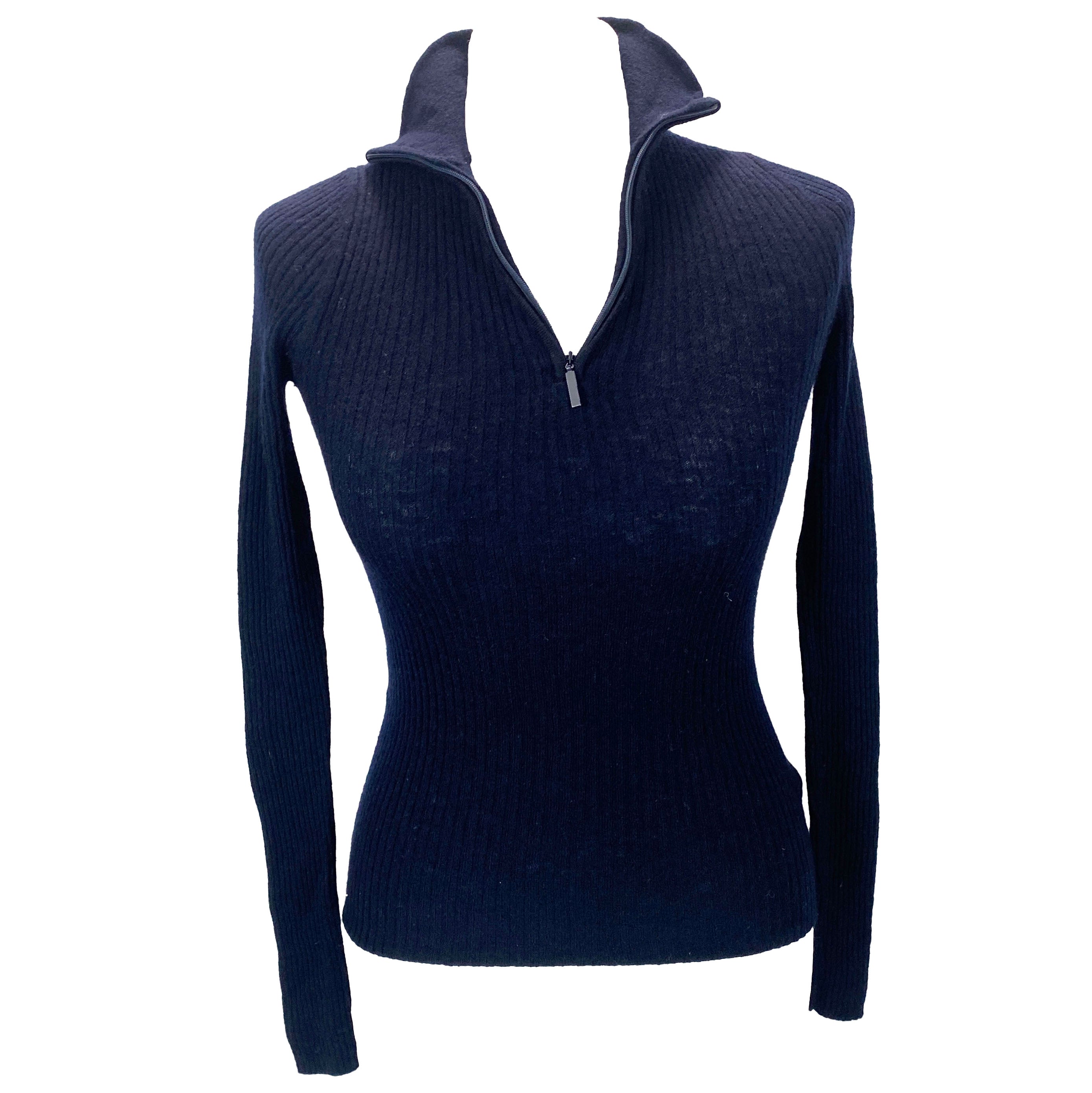 Tibi New £295 Navy Wool Featherweight Rib Zipper Sweater XS