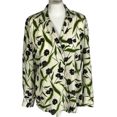 Equipment Cream & Green Floral Washed Silk Shirt M