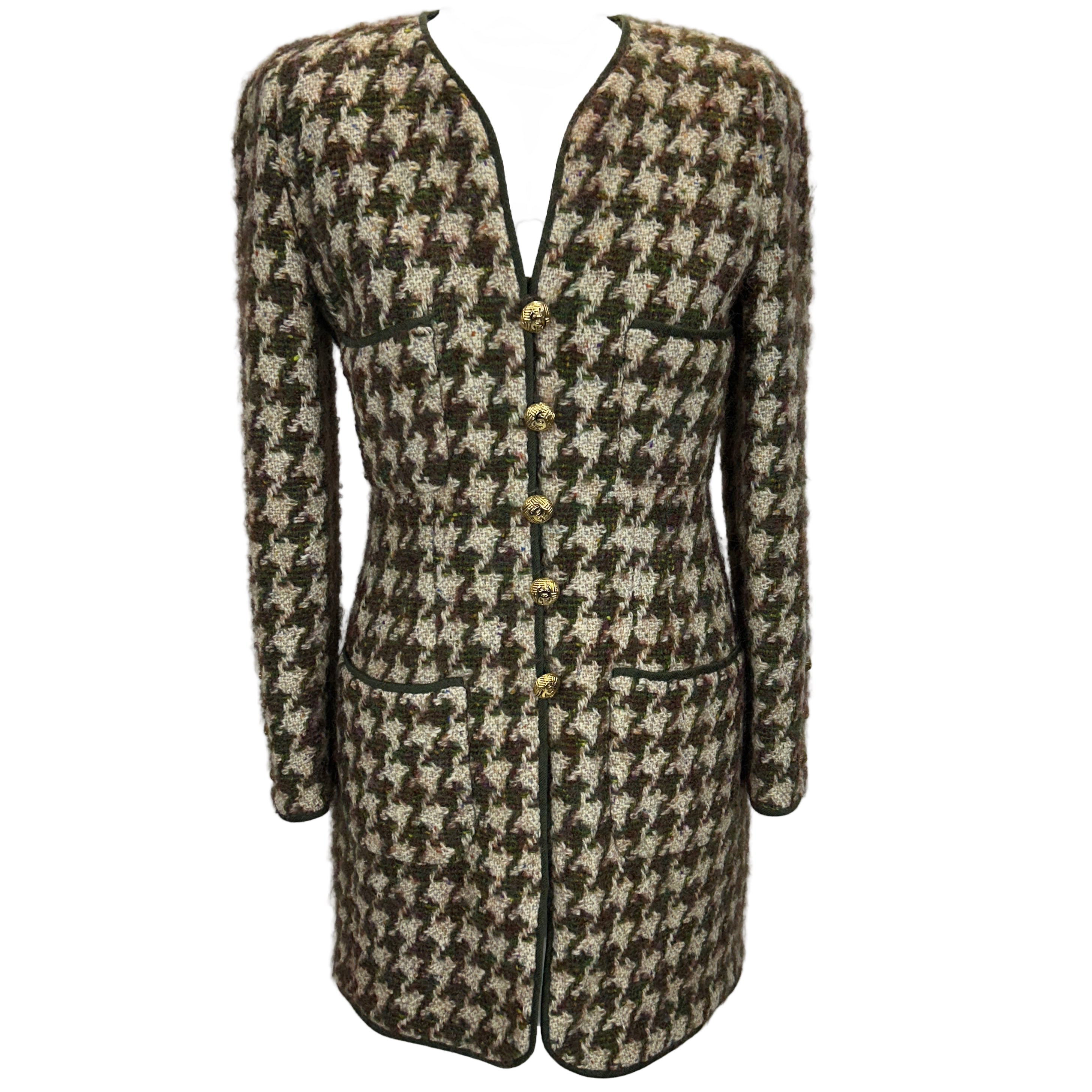Chanel Vintage Green & Oatmeal Tweed Check Coat/Dress XS/S
