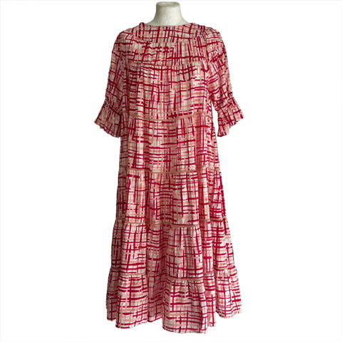 Merlette £359 Fuchsia  & Ivory Check Print Cotton Midi Dress S