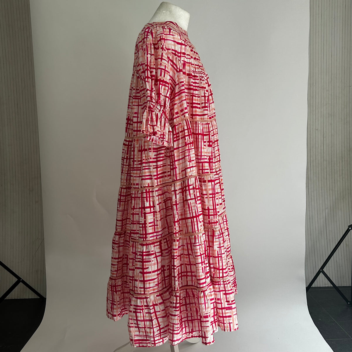 Merlette £359 Fuchsia& Ivory Check Print Cotton Midi Dress S