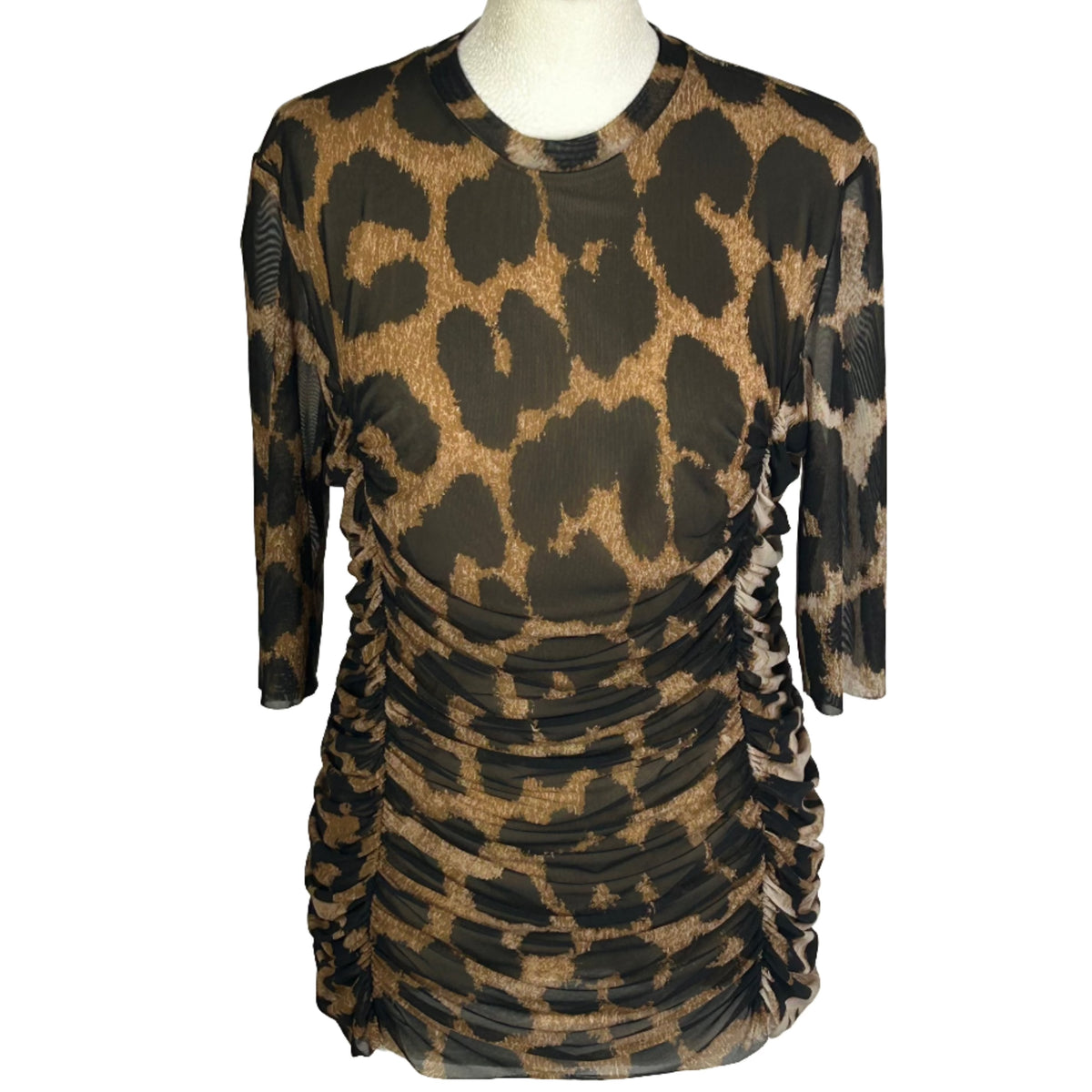 Ganni £150 Ruched Leopard-Print Stretch-Mesh Top XL