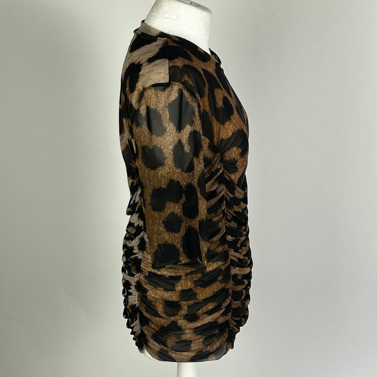 Ganni £150 Ruched Leopard-Print Stretch-Mesh Top XL