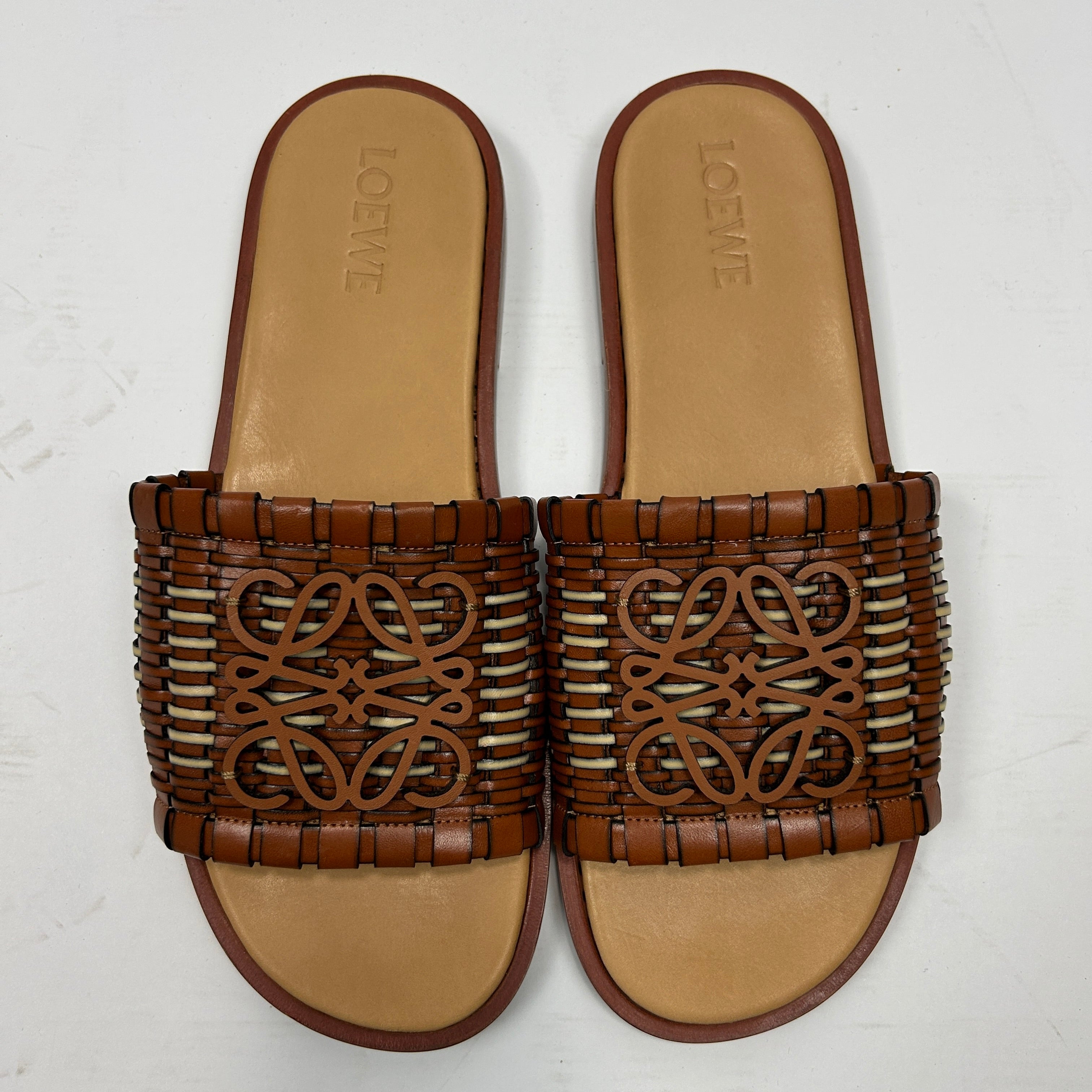 Loewe Tan Woven Anagram Leather Slides 41