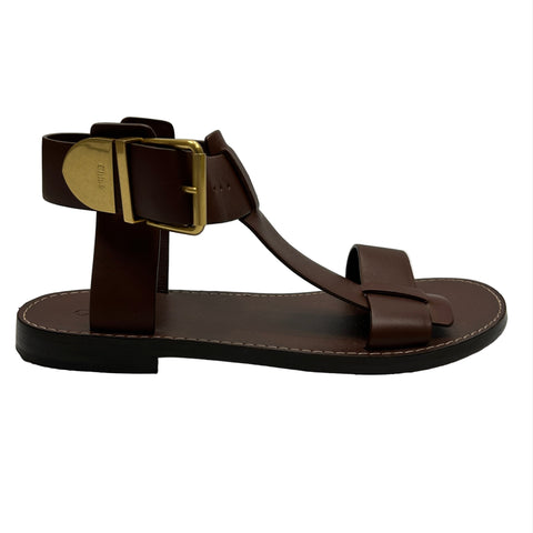 Chloe Chocolate Leather T-Bar Flat Sandals 41