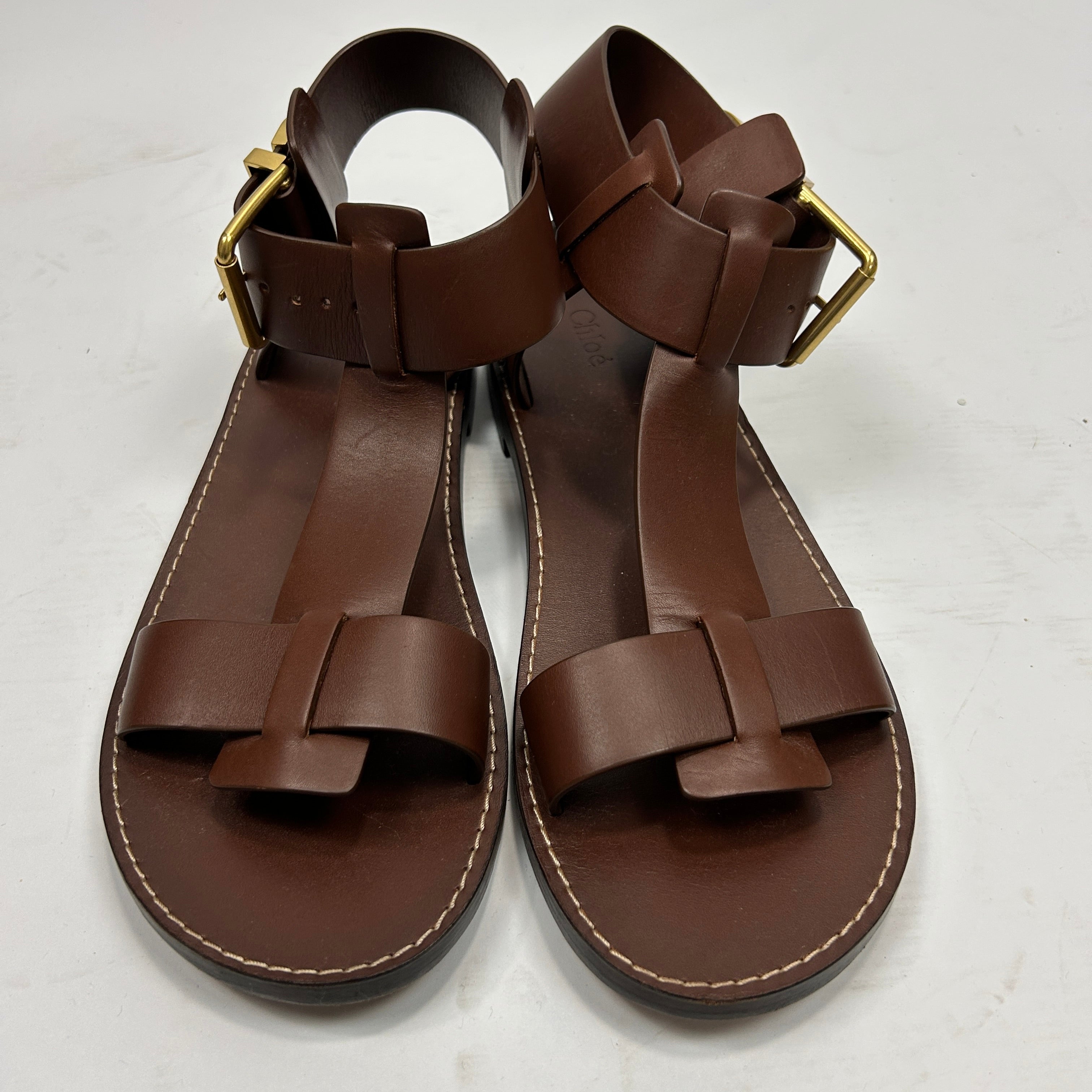 Chloe Chocolate Leather T-Bar Flat Sandals 41