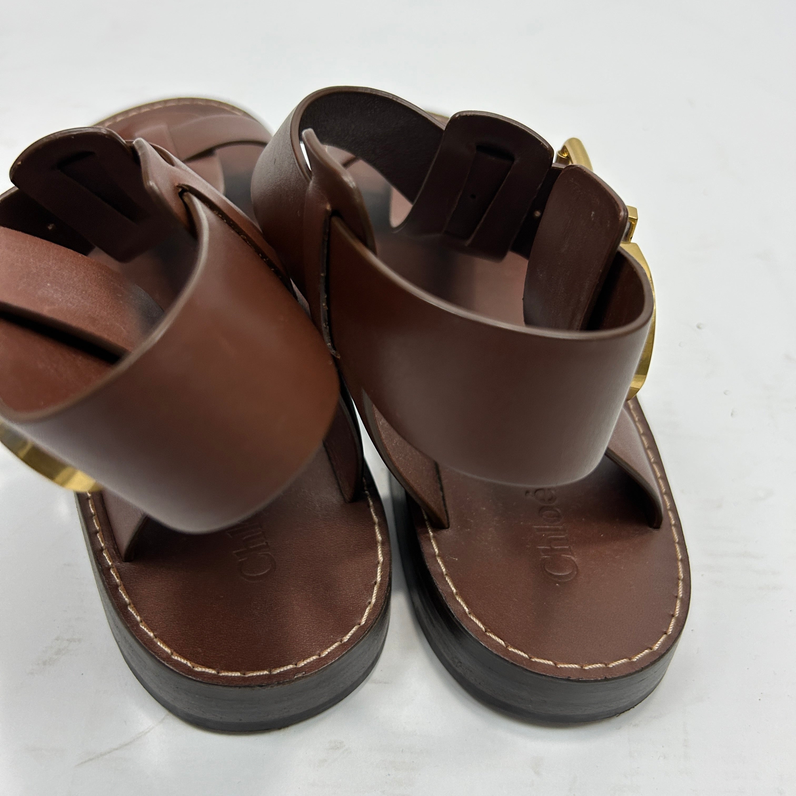 Chloe Chocolate Leather T-Bar Flat Sandals 41