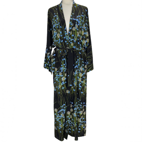 Bernadette £944 Black Buttercup Field Print Silk Robe S