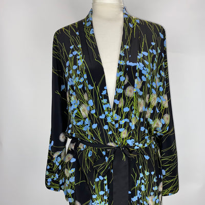 Bernadette £944 Black Buttercup Field Print Silk Robe S